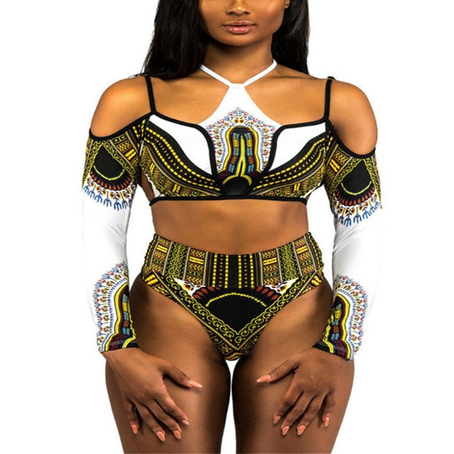 Off Shoulder Two Piece White African Swimsuit