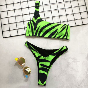 Neon Green Zebra One Shoulder Bikini